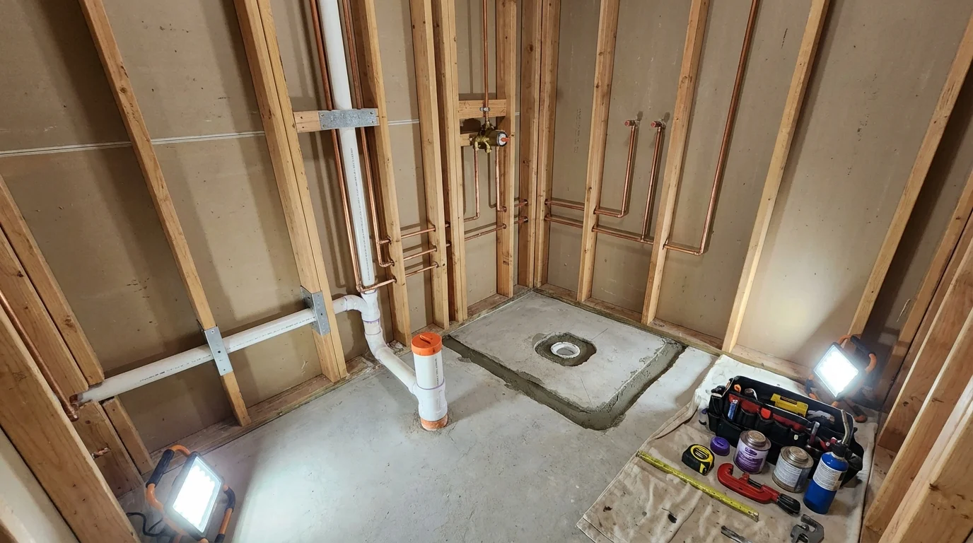 Bathroom rough-in plumbing during remodel by Johns Plumbing LLC in Alexandria Bay