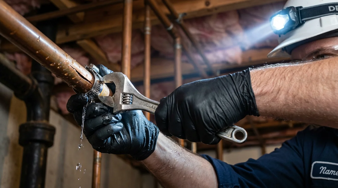 Emergency pipe clamp repair being performed by a Johns Plumbing LLC plumber in Alexandria Bay