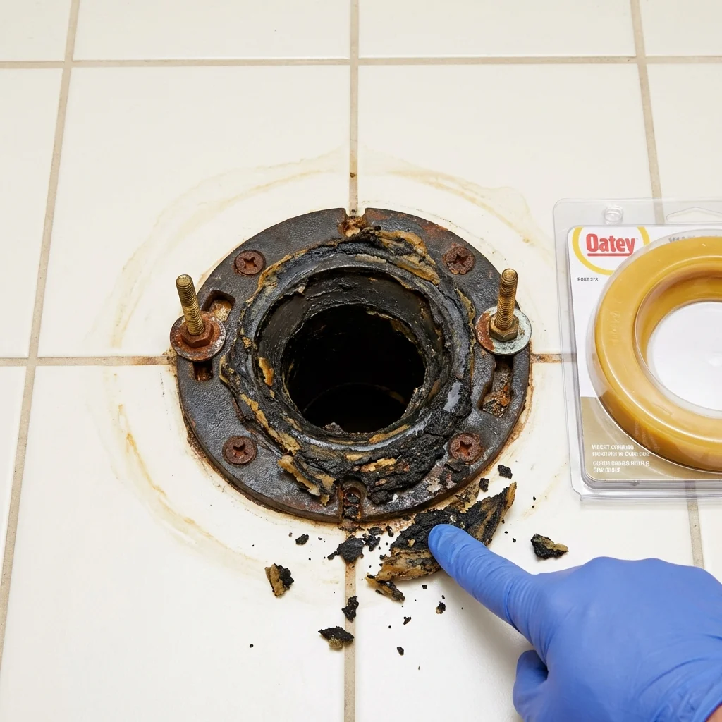 Failed wax ring showing water seepage at the base of a toilet in a Alexandria Bay, NY home