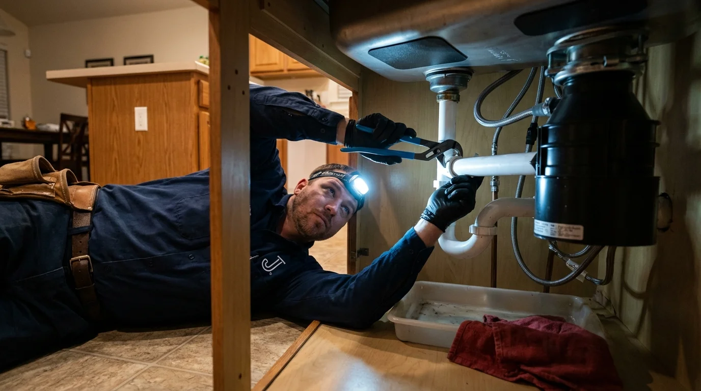 P-trap and supply line connections under a kitchen sink showing a common leak point in Alexandria Bay, NY